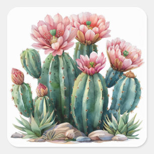 Wasserfarbene Wüste Blume Kakteen. Quadratischer Aufkleber