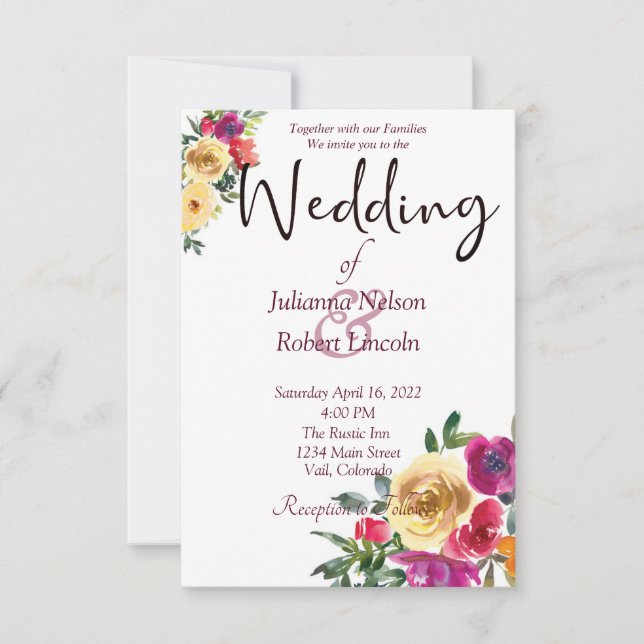 Wasserfarbene Zitrone und Magenta Hochzeit mit Blu Einladung (Vorderseite)