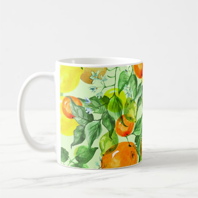 Wasserfarbene Zitronen, Blume, Zitrusmuster. Kaffeetasse (Links)
