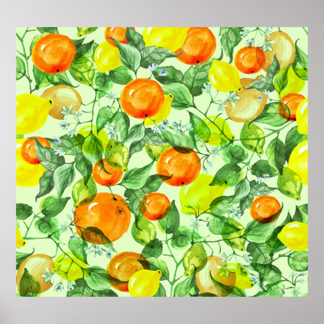 Wasserfarbene Zitronen, Blume, Zitrusmuster. Poster (Vorne)