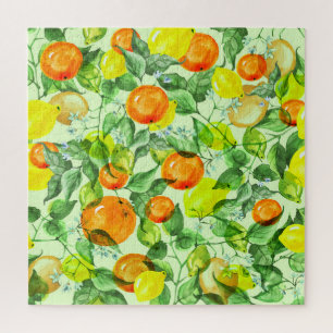 Wasserfarbene Zitronen, Blume, Zitrusmuster. Puzzle