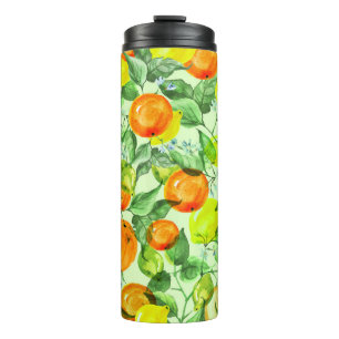 Wasserfarbene Zitronen, Blume, Zitrusmuster. Thermosbecher