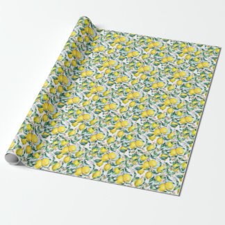 Wasserfarbene Zitronen, frischer Zitruszweig. Geschenkpapier