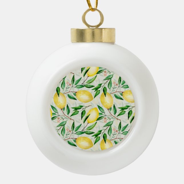 Wasserfarbene Zitronen, nahtlose Fruchtmuster. Keramik Kugel-Ornament (Vorderseite)