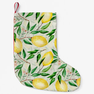 Wasserfarbene Zitronen, nahtlose Fruchtmuster. Kleiner Weihnachtsstrumpf