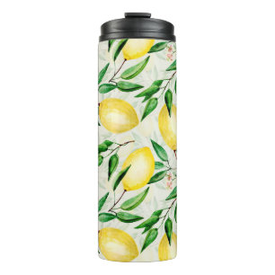 Wasserfarbene Zitronen, nahtlose Fruchtmuster. Thermosbecher