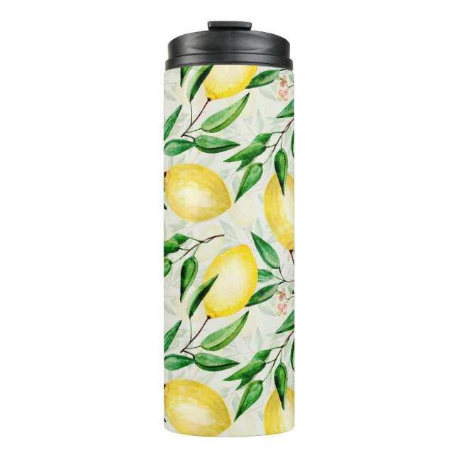 Wasserfarbene Zitronen, nahtlose Fruchtmuster. Thermosbecher (Vorderseite)