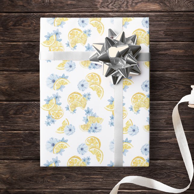 Wasserfarbene Zitronen und Blume Geschenkpapier (Watercolor Lemon & Blue Flower Gift Wrap for Baby Shower, Birthday or Main Squeeze Bridal Shower)
