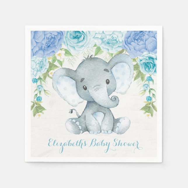 WasserfarbenElephant Dusty Blue Floral Jungle Baby Serviette (Vorderseite)