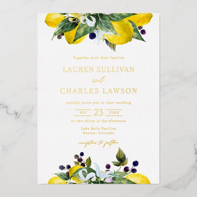 Wasserfarbenemon und BlackBerry Summer Wedding Folieneinladung (Vorderseite)