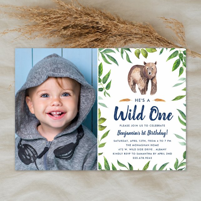 Wasserfarbener Bär Wild One | Foto Birthday Party Einladung (Von Creator hochgeladen)