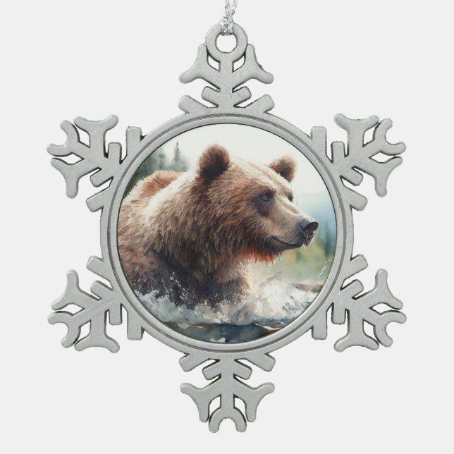 Wasserfarbener Bär Wilhelm Tell Schneeflocken Zinn-Ornament (Vorderseite)