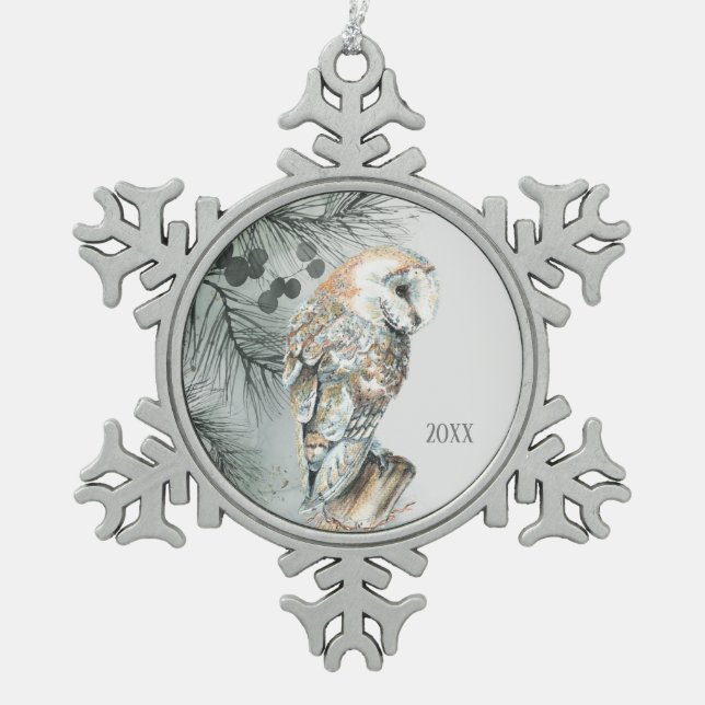 Wasserfarbener Barn Bwl Bird Nature Schneeflocken Zinn-Ornament (Vorderseite)