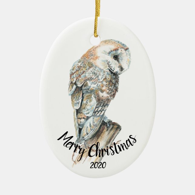 Wasserfarbener Barn Owl Bird Frohe Weihnachten Keramikornament (Vorne)
