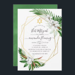 Wasserfarbener Bat Mitzvah Einladung<br><div class="desc">Tropische Blätter und weiße Magnolias Fledermäuse Mitzvah laden mit goldenem geometrischem Rahmen und eleganter Handschrift Typografie ein.</div>