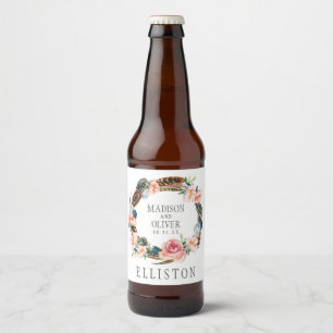 Wasserfarbener Blumenstrauß mit Federn Hochzeit Bierflaschenetikett