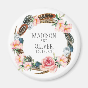 Wasserfarbener Blumenstrauß mit Federn   Hochzeit Magnet