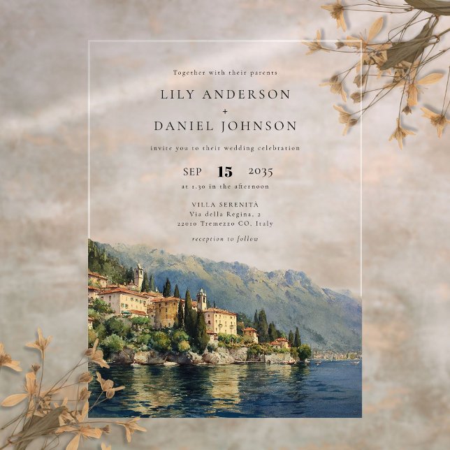 Wasserfarbener Comer See Hochzeit in Urlaubsort It Acryleinladungen (Watercolor Lake Como Italy Destination Wedding Acrylic Invitations)