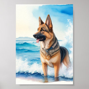 Wasserfarbener deutscher Schäferhund am Strand 2 Poster