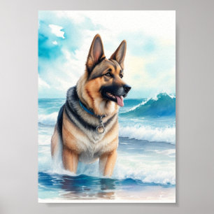 Wasserfarbener deutscher Schäferhund am Strand 3 Poster