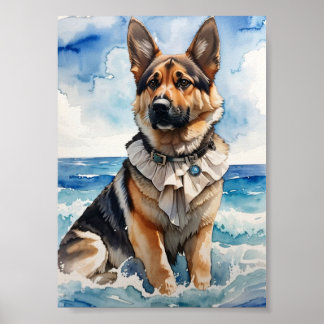 Wasserfarbener deutscher Schäferhund am Strand 5 Poster
