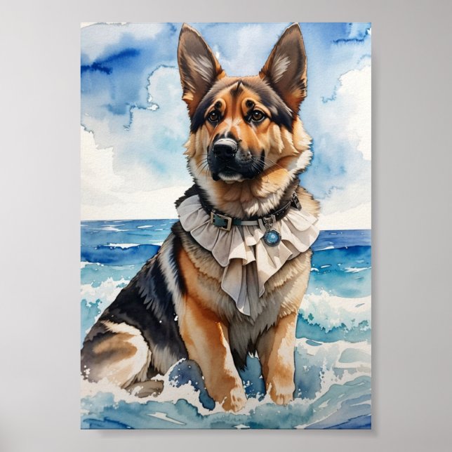 Wasserfarbener deutscher Schäferhund am Strand 5 Poster (Vorne)