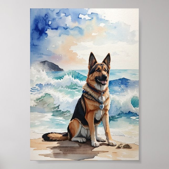 Wasserfarbener deutscher Schäferhund am Strand 6 Poster (Vorne)