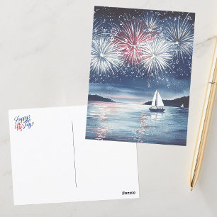 Wasserfarbener Feuerwerk über dem Happy See 4. Postkarte