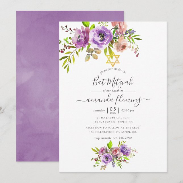 Wasserfarbener Frühling Bat Mitzvah Einladung (Vorne/Hinten)