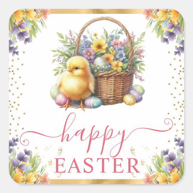 Wasserfarbener Frühlingskorb Ostern Quadratischer Aufkleber (Vorderseite)
