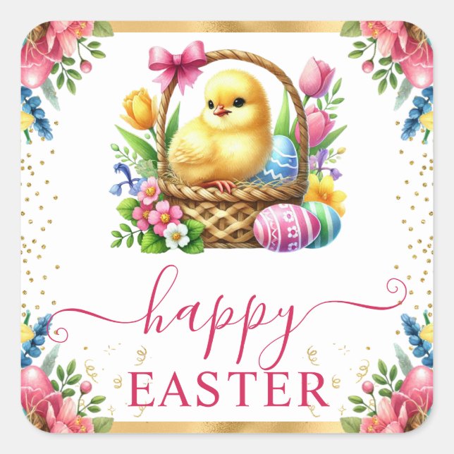 Wasserfarbener Frühlingskorb Ostern Quadratischer Aufkleber (Vorderseite)