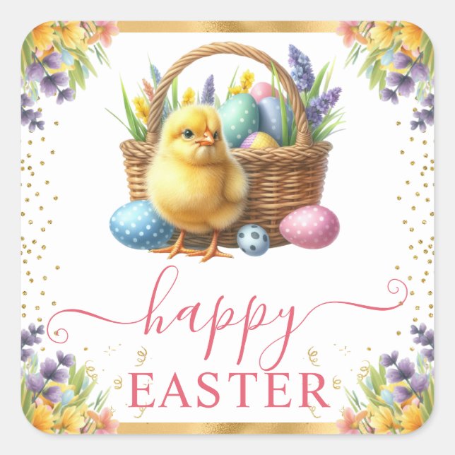 Wasserfarbener Frühlingskorb Ostern Quadratischer Aufkleber (Vorderseite)