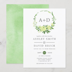 Wasserfarbener Grünmonogramm-Kranz Hochzeit Einladung