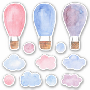 Wasserfarbener Heißluftballon. Rosa, blau und lila Aufkleber