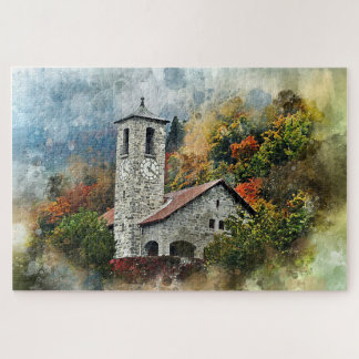 Wasserfarbener Herbst Landschaft der Kirche Puzzle