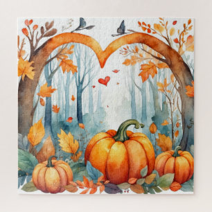 Wasserfarbener Herbstwald Pumpkin im Herzen Puzzle