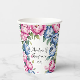 Wasserfarbener Hochzeitsbogen mit rosa und blauen  Pappbecher