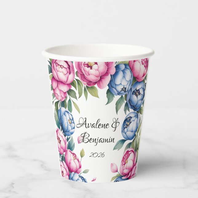 Wasserfarbener Hochzeitsbogen mit rosa und blauen  Pappbecher (Vorderseite)