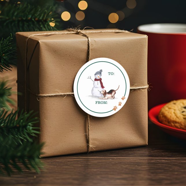 Wasserfarbener Hund Beagle mit Schneemann Runder Aufkleber (Naughty Dog Watercolor Beagle Playing With Snowman Classic Round Sticker)