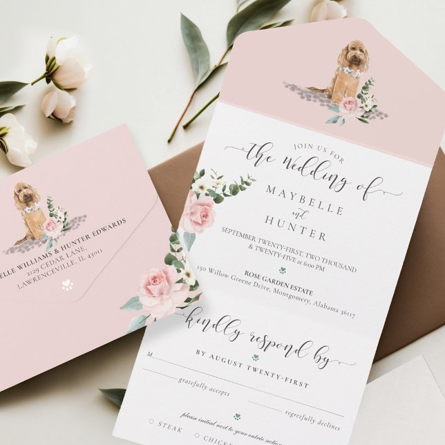 Wasserfarbener Hund & elegante Rosa Rose Blütenwel All In One Einladung (Watercolor Dog & Elegant Pink Rose Floral All In One Invitation)