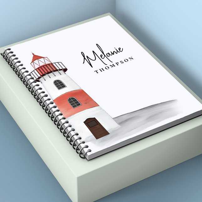 Wasserfarbener Individuelle Name Notizbuch (Watercolor nautical lighthouse black and red spiral notebook)