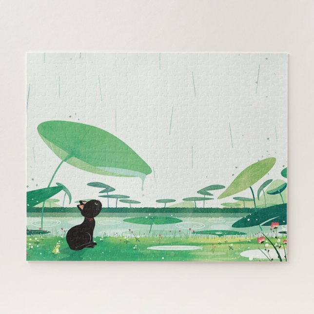 Wasserfarbener Katzenfrosch im Regen Puzzle (Horizontal)