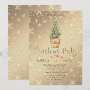 Wasserfarbener Kiefernbaum, goldene Weihnachtsfeie Einladung