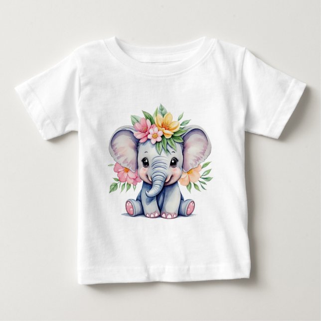 Wasserfarbener Niedlicher Elefant mit Blume Baby T-shirt (Vorderseite)