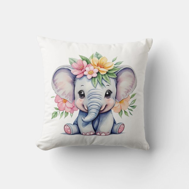 Wasserfarbener Niedlicher Elefant mit Blume Kissen (Vorderseite)