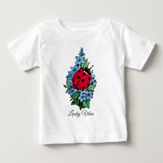 Wasserfarbener Niedlicher Ladybird mit blauen Blum Baby T-shirt (Vorderseite)