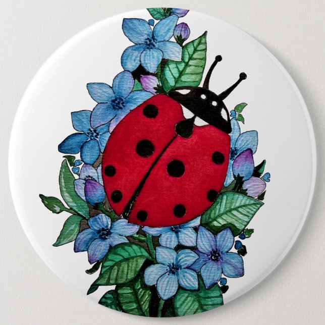 Wasserfarbener Niedlicher Ladybird mit blauen Blum Button (Vorderseite)