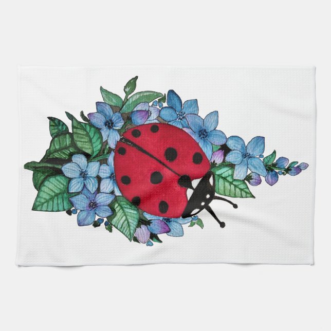 Wasserfarbener Niedlicher Ladybird mit blauen Blum Geschirrtuch (Horizontal)