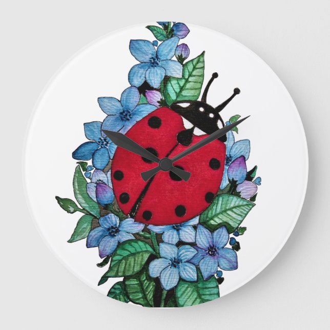Wasserfarbener Niedlicher Ladybird mit blauen Blum Große Wanduhr (Vorderseite)