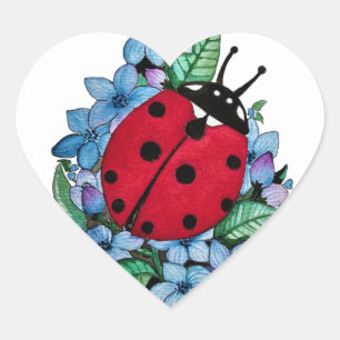 Wasserfarbener Niedlicher Ladybird mit blauen Blum Herz-Aufkleber